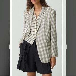 Theory Check Linen Blend Blazer Cream/ Grey Multi Size 6